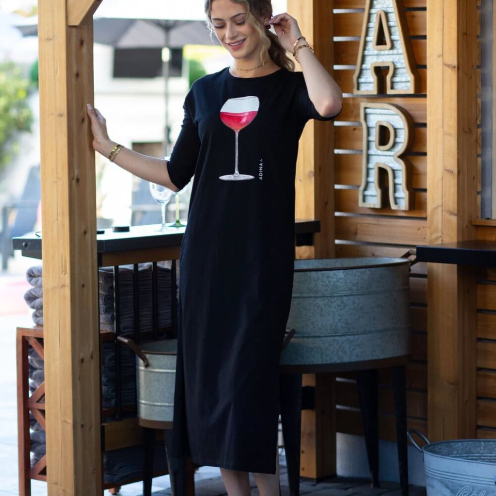 Wine-On Long Black T-Shirt Dress